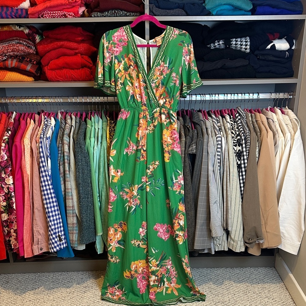 Flying Tomato green/orange/pink floral short sleeve back button jumpsuit size S